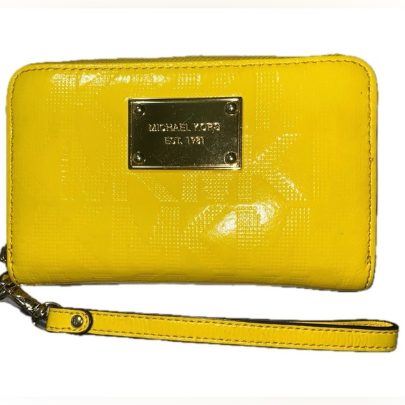 Michael Kors Women’s Patent Leather Monogram Wallet Wristlet W/ Strap, Yellow - Picture 2 of 11